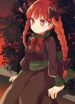  1girl :o animal_ears bangs bow bowtie braid breasts brown_dress cat_ears dress extra_ears eyebrows_visible_through_hair feet_out_of_frame gradient_sky green_sash hair_bow kaenbyou_rin long_hair looking_ahead medium_breasts outdoors parted_lips red_bow red_eyes red_hair red_neckwear sash sitting sky solo tomobe_kinuko touhou twilight twin_braids twintails 