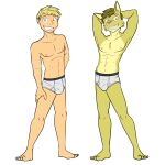 adam_caro alternate_species anthro briefs bulge clothed clothing duo felid feline freckles fuze grin hands_behind_head hi_res human humanized lynx male mammal navel nipples simple_background smile texnatsu topless underwear underwear_only white_background 