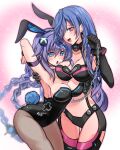  2girls aisu_(icicleshot) animal_ears bangs bare_shoulders black_gloves black_legwear blue_eyes braid breast_grab breast_press breasts bunny_ears bunny_tail cleavage cleavage_cutout clothing_cutout cover d-pad d-pad_hair_ornament dominatrix earrings elbow_gloves eyebrows_visible_through_hair gloves grabbing hair_between_eyes hair_ornament hair_over_shoulder hands_above_head highres iris_heart jewelry kami_jigen_game_neptune_v large_breasts leotard long_hair long_sleeves looking_at_another looking_at_viewer looking_to_the_side multiple_girls neptune_(series) open_mouth pantyhose playboy_bunny power_symbol purple_hair purple_heart red_eyes single_braid symbol-shaped_pupils tail thighhighs twin_braids v-shaped_eyebrows very_long_hair 