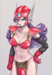  1girl armor bikini_armor black_sleeves blue_eyes breasts chinyan choker commentary_request curly_hair detached_sleeves dragon_quest dragon_quest_iii gloves grey_background helmet highres large_breasts long_hair purple_hair red_armor red_gloves soldier_(dq3) solo white_choker winged_helmet 