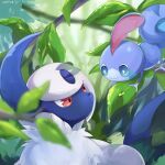  absol alternate_color bright_pupils closed_mouth commentary_request eye_contact gen_3_pokemon gen_8_pokemon goma_(nabepa_nabepa) highres leaf looking_at_another no_humans pokemon pokemon_(creature) red_eyes shiny_pokemon sobble starter_pokemon translation_request 