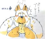  2021 anthro blood blush bodily_fluids brown_body brown_fur canid canine canis clothing domestic_dog fur hi_res japanese_text kemono male mammal nosebleed overweight overweight_anthro overweight_male shirt solo suishou0602 text topwear 