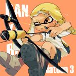  ;) aiming ankle_boots asymmetrical_hair beige_footwear black_shorts blonde_hair boots bow_(weapon) braid closed_mouth copyright_name domino_mask glint highres holding holding_bow_(weapon) holding_weapon hoshizora ink_tank_(splatoon) inkling long_hair mask one_eye_closed orange_background orange_eyes shirt shorts simple_background single_braid smile sparkle splatoon_(series) splatoon_3 t-shirt tentacle_hair torn_clothes torn_shirt weapon white_shirt 