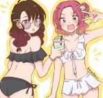  2girls :d :o alternate_hairstyle ass bangs bikini bikini_skirt black_bikini bracelet brown_eyes brown_hair commentary_request cup disposable_cup drinking_straw fang frilled_bikini frills from_behind girls_und_panzer green-framed_eyewear hair_down hair_ornament hair_tie hair_up hairclip highres holding holding_cup jewelry kaisen_(kaisen3team) long_hair looking_at_viewer looking_back low-tied_long_hair medium_hair multiple_girls notice_lines off-shoulder_bikini off_shoulder open_mouth red_hair rosehip_(girls_und_panzer) round_eyewear rukuriri_(girls_und_panzer) shell_hair_ornament side-tie_bikini smile standing sunglasses swimsuit twitter_username w white_bikini 