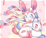  alternate_color blue_eyes blush closed_mouth commentary_request dated gen_6_pokemon heart highres looking_at_viewer looking_back no_humans paws petals pokemon pokemon_(creature) red_eyes shiny_pokemon smile surumeika_(ninfiiiir) sylveon toes 