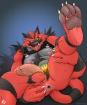  2021 abs absurd_res anthro anus ball_tuft balls black_body black_fur bodily_fluids butt chest_tuft claws erection fangs feet finger_claws fur genital_fluids genitals green_eyes hand_on_butt harness hi_res holding_butt holding_leg incineroar looking_at_viewer lying male multicolored_body multicolored_fur muscular muscular_anthro muscular_male narram nintendo nipple_piercing nipples nude on_back open_mouth pawpads pecs penis perineum piercing pok&eacute;mon pok&eacute;mon_(species) precum precum_on_penis presenting presenting_anus raised_leg red_body red_fur sharp_teeth solo spread_anus spread_legs spreading straps teeth tongue tongue_out tuft two_tone_body two_tone_fur vein veiny_penis video_games yellow_sclera 