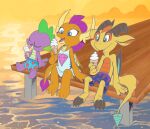  beach bottomwear clothing dessert dragon fan_character female feral food friendship_is_magic group hasbro hi_res ice_cream kitsune2000 male my_little_pony nauyaco seaside shorts smolder_(mlp) spike_(disambiguation) spike_(mlp) swimming swimming_trunks swimwear young 