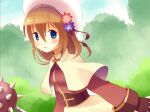  1girl acolyte_(ragnarok_online) bangs blue_eyes blue_sky blush brown_dress brown_hair capelet cloud commentary_request day doridori dress flower hair_between_eyes hair_flower hair_ornament hat holding holding_weapon long_sleeves looking_at_viewer looking_to_the_side mace medium_hair open_mouth outdoors purple_flower ragnarok_online red_flower sky solo spiked_mace tree upper_body weapon white_capelet white_headwear 