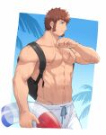  1boy 47 abs alternate_costume alternate_hairstyle backpack bag bara blue_eyes brown_hair cowboy_shot facial_hair fate/grand_order fate_(series) from_side goatee highres innertube large_pectorals lifebuoy long_sideburns male_focus manly messy_hair muscular muscular_male napoleon_bonaparte_(fate) navel nipples outdoors palm_tree pectorals scar shirtless short_hair sideburns simple_background sky solo summer sweat swimsuit transparent tree very_short_hair wet 