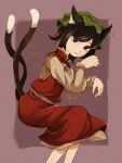  1girl :3 animal_ears awk_chan bangs brown_eyes brown_hair cat_ears cat_tail chen closed_mouth eyebrows_behind_hair feet_out_of_frame gold_trim green_headwear grey_shirt hat highres jewelry long_sleeves looking_at_viewer mob_cap multiple_tails nekomata paw_pose pink_background red_skirt red_vest shirt short_hair simple_background single_earring sitting skirt solo swept_bangs tail touhou two_tails vest 
