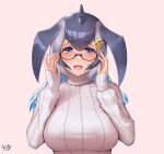  1girl anchor_hair_ornament blowhole blue_eyes blue_hair blue_whale_(kemono_friends) blush commentary dorsal_fin eyebrows_visible_through_hair glasses grey_hair hair_ornament hands_on_eyewear highres kemono_friends lips long_hair long_sleeves looking_at_viewer multicolored_hair open_mouth smile solo sweater takebi turtleneck turtleneck_sweater upper_body white_sweater 