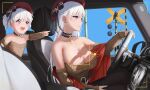  2girls :d aran_sweater azur_lane bangs bare_shoulders belfast_(azur_lane) belfast_(shopping_with_the_head_maid)_(azur_lane) beret black_bow black_choker black_legwear black_skirt blue_sky blush bow breasts brown_sweater car car_interior child choker cleavage closed_mouth collarbone commentary_request day detached_sleeves earrings eyebrows_visible_through_hair from_side ground_vehicle hair_bow hat highres hoop_earrings jewelry large_breasts little_bel_(azur_lane) long_sleeves motor_vehicle multiple_girls off-shoulder_sweater off_shoulder official_alternate_costume open_mouth pantyhose pointing purple_eyes red_headwear shawl shigatsu_(4gate) short_hair short_ponytail silver_hair skirt sky smile sweater viewfinder 