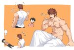  2boys 47 ?? abs animal_ears bara bare_arms bare_shoulders bed_sheet brown_hair bulging_eyes casual cat_ears collage completely_nude facial_hair fake_animal_ears fate/grand_order fate_(series) fujimaru_ritsuka_(male) goatee groin hair_ears large_pectorals long_sideburns male_focus manly messy_hair multiple_boys multiple_views muscular muscular_male napoleon_bonaparte_(fate) navel nipples nude pants pectorals scar scar_on_chest shirt short_hair sideburns sleeveless sleeveless_shirt spirit stomach surprised track_pants translation_request waking_up yawning 