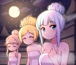  3girls alternate_hairstyle bangs blonde_hair blue_eyes blush breasts brown_hair closed_eyes cloud emily_stewart eyebrows_visible_through_hair full_moon highres idolmaster idolmaster_million_live! idolmaster_million_live!_theater_days long_hair medium_breasts moon moonlight multiple_girls naked_towel night night_sky onsen shiraishi_tsumugi sky smile star_(sky) starry_sky sweatdrop takiki tenkuubashi_tomoka tied_hair towel white_hair white_towel 