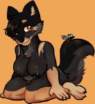  amber_eyes anthro big_breasts black_body black_fur black_hair breasts brown_body brown_fur canid canine canis cheek_tuft chest_tuft claws facial_tuft female fingers fluffy fluffy_tail fur hair inner_ear_fluff jonky looking_at_viewer mammal orange_background simple_background tail_tuft tuft 