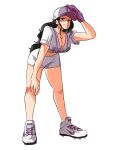  1girl baseball_cap baseball_mitt black_hair blue_eyes breasts cleavage full_body hand_up hat highres large_breasts long_hair midriff nico_robin one_piece shirt shoes short_sleeves shorts simple_background smile solo standing tina_fate very_long_hair white_background white_footwear white_headwear white_shirt white_shorts 