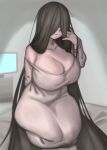  1girl arm_behind_back bare_shoulders black_hair breasts cleavage collarbone commentary curvy dress hair_over_eyes highres huge_breasts jewelry kelvin_hiu long_hair looking_at_viewer ring solo television the_ring thick_thighs thighs very_long_hair white_dress yamamura_sadako 