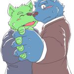  2021 anthro blue_body blue_fur blush canid canine canis clothing cute_fangs domestic_dog duo eyes_closed fur green_body green_fur hand_holding humanoid_hands kemono male male/male mammal misterdonn shirt topwear 