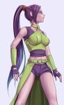  black_gloves breasts chinyan choker collarbone commentary_request dragon_quest dragon_quest_xi gloves green_choker hair_ornament hair_scrunchie highres large_breasts long_hair looking_away martina_(dq11) midriff navel o-ring o-ring_top purple_eyes purple_hair purple_shorts red_scrunchie scrunchie shorts very_long_hair waist_cape 