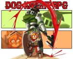  5_fingers 5_toes anthro armor axe back_to_back blood blood_on_weapon blood_splatter bodily_fluids bottomwear brown_body brown_fur brown_hair canid canine canis clothed clothing colored_nails digital_media_(artwork) dobermann dog_knight_rpg domestic_dog duo english_text feet female fingers frown fur fur_trim hair handwear headgear helmet hi_res larger_female long_hair looking_back looking_down maci_(ceehaz) mammal melee_weapon nails orange_body orange_eyes orange_fur pinscher pomeranian rory_(ceehaz) shield shirt short_hair size_difference smaller_female spitz standing text toes topwear weapon 