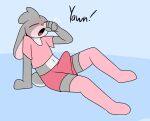  2021 anthro blue_background blush bottomwear bulge clothing english_text erection eyes_closed footwear fur genital_outline grey_body grey_fur grey_hair hair hare henry_(mrrottson) lagomorph legwear leporid male mammal midriff morning_wood mr_rottson onomatopoeia open_mouth penis_outline pink_bottomwear pink_clothing pink_footwear pink_inner_ear pink_nose pink_shirt pink_shorts pink_socks pink_topwear shirt shorts simple_background sitting socks solo sound_effects t-shirt text thigh_highs thigh_socks tired topwear waking_up yawn 