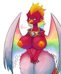  2021 5_fingers alyrise anthro anthrofied armor avian beak big_breasts bird blue_eyes breasts covering covering_crotch covering_self curvy_figure digital_media_(artwork) dyna_blade dyna_blade_(species) eyebrows eyelashes feather_hair feathered_wings feathers female fingers front_view hi_res kirby_(series) kirby_superstar mature_female mostly_nude multicolored_body multicolored_feathers mythological_avian mythological_firebird mythology navel nintendo nipples non-mammal_breasts non-mammal_navel non-mammal_nipples open_beak open_mouth open_smile orange_nipples portrait pseudo_hair rainbow_body rainbow_feathers rainbow_wings red_body red_eyebrows red_feathers shoulder_guards signature simple_background smile solo thick_thighs three-quarter_portrait video_games white_background white_body white_feathers wide_hips winged_arms wings yellow_beak 