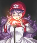  1girl :o blush chinyan closed_eyes commentary_request curly_hair dragon_quest dragon_quest_iii dress long_hair magic princess_of_moonbrook purple_hair red_hood solo staff white_dress 