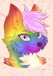  anthro black_nose bust_portrait canid canine canis cheek_tuft eyelashes facial_tuft female flower_petals fur hair inner_ear_fluff lonnytooons looking_at_viewer mammal multicolored_body multicolored_fur petals portrait purple_eyes purple_hair rainbow rainbow_body rainbow_fur solo tuft wolf 