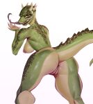  anthro argonian bethesda_softworks bodily_fluids breasts deeja fangs female from_behind_position genitals green_body head_spikes hi_res horn johnfoxart looking_at_viewer nippels nipple_piercing nipples open_mouth piercing pussy rear_view red_eyes saliva scalie sex sharp_teeth simple_background skyrim solo spikes spikes_(anatomy) teeth the_elder_scrolls tongue tongue_out video_games wide_hips 