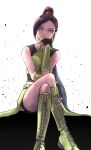  1girl bare_shoulders black_gloves black_shirt black_shorts boots chinyan choker collarbone crossed_legs dragon_quest dragon_quest_xi fingerless_gloves gloves green_choker green_footwear green_shirt green_wristband hair_ornament hair_scrunchie head_rest highres long_hair looking_at_viewer martina_(dq11) o-ring o-ring_top ponytail purple_eyes purple_hair red_scrunchie scrunchie shirt shorts sitting solo two-tone_shirt very_long_hair white_background wristband 