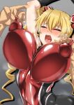  arms_up ayuayu_(shouyu_no_sato) blonde_hair blush bodysuit breasts claire_harvey closed_eyes covered_nipples huge_breasts hundred impossible_bodysuit impossible_clothes nipple_tweak open_mouth puffy_nipples skin_tight tagme twintails 