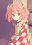  1girl apron bangs blurry blurry_background blush bookshelf checkered checkered_kimono closed_mouth commentary_request eyebrows_visible_through_hair frills hair_bobbles hair_intakes hair_ornament indoors japanese_clothes kimono looking_at_viewer motoori_kosuzu pink_eyes pink_hair short_hair smile solo tomobe_kinuko touhou two_side_up upper_body yellow_apron 