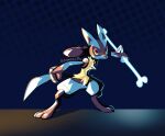  ambiguous_gender anthro artist_name biped blue_background blue_body blue_fur blue_tail bone chest_tuft fur hi_res holding_object holding_weapon kamabokobun looking_at_viewer lucario nintendo pattern_background pok&eacute;mon pok&eacute;mon_(species) simple_background spikes standing tuft video_games weapon yellow_body yellow_fur 