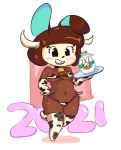  animal_crossing animal_print anthro argylesockx bikini blush carmen_(animal_crossing) clothing cow_print female hi_res holidays lagomorph leporid mammal milk new_year nintendo rabbit short_stack solo swimwear teeth video_games 