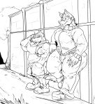 2018 absurd_res anthro big_butt bottomwear butt canid canine canis clothing dallas_the_swolgi domestic_dog duo eyewear fangs fierglief fierglief_(character) footwear glasses grass hand_in_pocket hat headgear headwear herding_dog hi_res hoodie huge_butt huge_muscle huge_thighs leaning male mammal monochrome pants pastoral_dog plant plantigrade pockets shoes short_pants size_difference smile standing thick_thighs topwear tree veiny_muscle wall_(disambiguation) welsh_corgi were werecanid werecanine werefox 