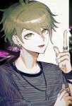  1boy :d amami_rantarou bangs collarbone commentary_request danganronpa_(series) danganronpa_v3:_killing_harmony ear_piercing earrings eyebrows_visible_through_hair green_eyes green_hair hair_between_eyes highres index_finger_raised jewelry long_sleeves looking_at_viewer male_focus necklace open_mouth piercing ring shiny shiny_hair shirt short_hair smile solo striped striped_shirt upper_body wanosaku 
