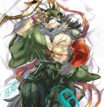  1boy abs animal_ears bara bare_pecs beige_fur bow_(weapon) brown_hair dakimakura_(medium) facial_hair fang feet_out_of_frame furry goatee green_kimono hadanugi_dousa hair_between_eyes japanese_clothes kimono large_pectorals looking_at_viewer lying male_focus mature_male muscular muscular_male ohayashi55 on_back on_bed pectorals short_hair solo stomach temujin_(tokyo_houkago_summoners) tokyo_houkago_summoners weapon wolf_boy wolf_ears 