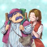  1boy 1girl backpack bag blue_background blue_shirt blush brown_hair chinyan closed_eyes commentary_request dragon_quest dragon_quest_iv dress earrings facial_hair hetero highres husband_and_wife jewelry long_hair low_ponytail mustache purple_hair purple_vest red_dress shirt shoulder_bag smile striped striped_shirt tessie torneko two-tone_dress vertical-striped_shirt vertical_stripes vest white_dress white_shirt 