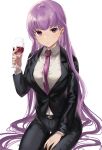  1girl absurdres alcohol belt black_clothes breasts commission commissioner_upload couch cup drinking_glass ears fire_emblem fire_emblem:_the_binding_blade formal haru_(nakajou-28) highres holding holding_cup long_hair looking_at_viewer looking_up medium_breasts necktie pant_suit purple_eyes purple_hair red_wine sitting_on_hair solo sophia_(fire_emblem) suit transparent_background very_long_hair wine wine_glass 