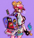  1girl backpack bag bandaid black_gloves blonde_hair blue_fire blue_shorts cowboy_shot crisalys double_bun fatal_fury fingerless_gloves fire from_behind gloves highres lighter long_sleeves looking_at_viewer looking_back original purple_background shadow shirt shorts simple_background solo white_shirt 