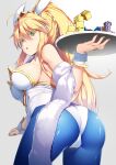  1girl ahoge animal_ears arata arched_back artoria_pendragon_(all) artoria_pendragon_(swimsuit_ruler)_(fate) ass bangs blonde_hair blue_legwear breasts bunny_ears cameltoe commentary_request cowboy_shot dice eyebrows_visible_through_hair eyelashes fake_animal_ears fate/grand_order fate_(series) from_behind green_eyes grey_background highres holding holding_tray large_breasts leaning_forward leotard long_hair long_sleeves looking_at_viewer looking_back pantyhose parted_lips playboy_bunny poker_chip ponytail simple_background solo standing strapless strapless_leotard tiara towel tray white_leotard white_towel wrist_cuffs 