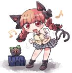  1girl :3 alternate_costume animal_ears arms_up artist_name bag bangs beamed_eighth_notes black_legwear blunt_bangs blush bow bowtie braid breasts brown_footwear cat_ears cat_tail chibi clenched_hands commentary dancing eighth_note extra_ears eyebrows_visible_through_hair fang floating_clothes floating_hair hair_bow hair_ribbon kaenbyou_rin leaning_forward loafers long_sleeves looking_at_viewer miniskirt motion_lines multiple_tails musical_note open_mouth plaid plaid_skirt red_eyes red_hair red_neckwear reiuji_utsuho reiuji_utsuho_(bird) ribbon rokugou_daisuke school_bag school_uniform shadow shirt shoes short_hair simple_background skirt solo standing sweater_vest tail third_eye touhou tress_ribbon twin_braids white_background white_shirt 