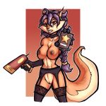  1:1 absurd_res anthro areola breasts canid canine carmelita_fox clothing ear_piercing ear_ring female fox garter_belt garter_straps genitals gloves handwear hi_res legwear lingerie looking_at_viewer luraiokun mammal piercing police_badge pussy sly_cooper_(series) solo sony_corporation sony_interactive_entertainment stockings sucker_punch_productions video_games weapon 