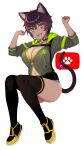  1girl animal_ear_fluff animal_ears arms_up bangs bell black_legwear blush breasts cat_ears cat_girl cat_tail choker cleavage eyebrows_visible_through_hair fangs full_body green_eyes green_jacket hair_between_eyes highres hood jacket large_breasts long_sleeves looking_at_viewer mole mole_on_breast navel neck_bell open_mouth original partially_unzipped paw_print purple_hair purple_ribbon ribbon shoes short_hair short_shorts shorts sneakers solo tail teeth thighhighs thighs transparent_background virtual_youtuber yuzuriha_(active_homing) zipper 