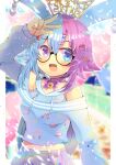  1girl :d animal_ears apple_hair_ornament arm_up bare_shoulders bell belle_sprout blue_eyes blue_hair blue_shirt bow choker commentary_request crescent crescent_hair_ornament crop_top ear_piercing flower food_themed_hair_ornament hair_flower hair_ornament hairclip indie_virtual_youtuber jingle_bell kouu_hiyoyo long_sleeves looking_at_viewer midriff multicolored_hair navel off-shoulder_shirt off_shoulder open_mouth piercing pink_bow pink_choker pleated_skirt puffy_long_sleeves puffy_sleeves purple_eyes purple_hair purple_skirt shirt skirt sleeves_past_wrists smile solo star_(symbol) star_hair_ornament strawberry_hair_ornament two-tone_hair virtual_youtuber w x_hair_ornament yellow_flower 