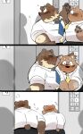  2021 anthro blush bottomwear butt clothing comic duo elevator hand_holding hi_res hyaku_(artist) male male/male mammal necktie overweight overweight_male pants shirt surprise topwear ursid 