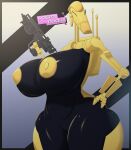  2021 absurd_res anthro areola b1_battle_droid belly big_breasts black_sclera breasts countershading dialogue droid english_test female genitals hand_on_hip hi_res holding_object holding_weapon huge_breasts huge_thighs looking_at_viewer looking_at_viewer&lt;3 machine nipples non-mammal_breasts not_furry one_eye_closed pussy ranged_weapon robot solo sovulsen squish standing star_wars talking_to_viewer thick_thighs thigh_squish weapon wide_hips wink 