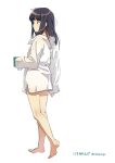  1girl anime_coloring artist_name bangs barefoot black_eyes black_hair cup dress_shirt eyebrows_visible_through_hair from_side highres ichimirenge kneepits long_hair mug naked_shirt original see-through shirt signature standing white_background 