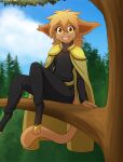  2021 absurd_res amber_eyes anthro basitin brown_body brown_fur brown_hair cape clothing erdfurry female forest fur hair hi_res looking_at_viewer madelyn_adelaide mammal open_mouth open_smile plant sitting smile solo toeless_footwear tree twokinds webcomic webcomic_character yellow_eyes 