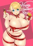  1girl absurdres altronage bangs belly blonde_hair blue_eyes bow braid breasts chocolate elf elf-san_wa_yaserarenai. erufuda-san eyebrows_visible_through_hair food food_in_mouth french_fries groin highres huge_breasts naked_ribbon navel parted_bangs plump pointy_ears ribbon skindentation smile valentine 